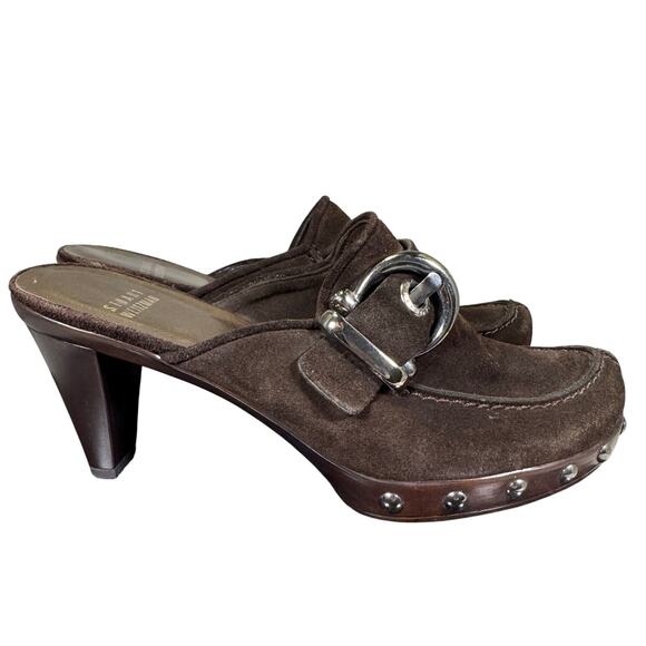 Stuart Weitzman Brown Suede Studded Mule Heels W/ Buckle Women's Size 6.5M US - Picture 3 of 8